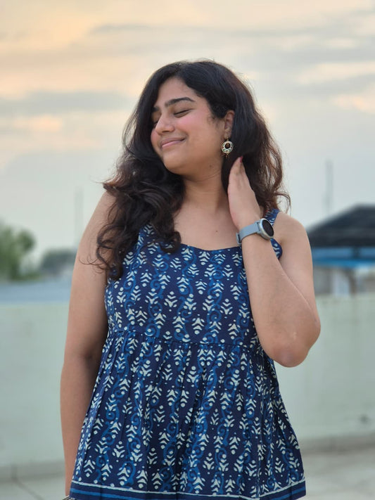 Shibani Indigo Blue Cotton Block-Print Peplum Short Kurti