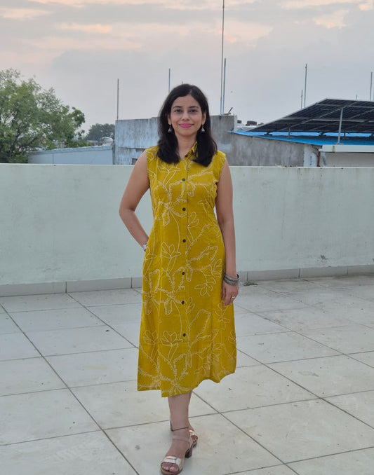 Shibani Cotton Bandhani A-Line Dress with Elasticated Waist & Pocket