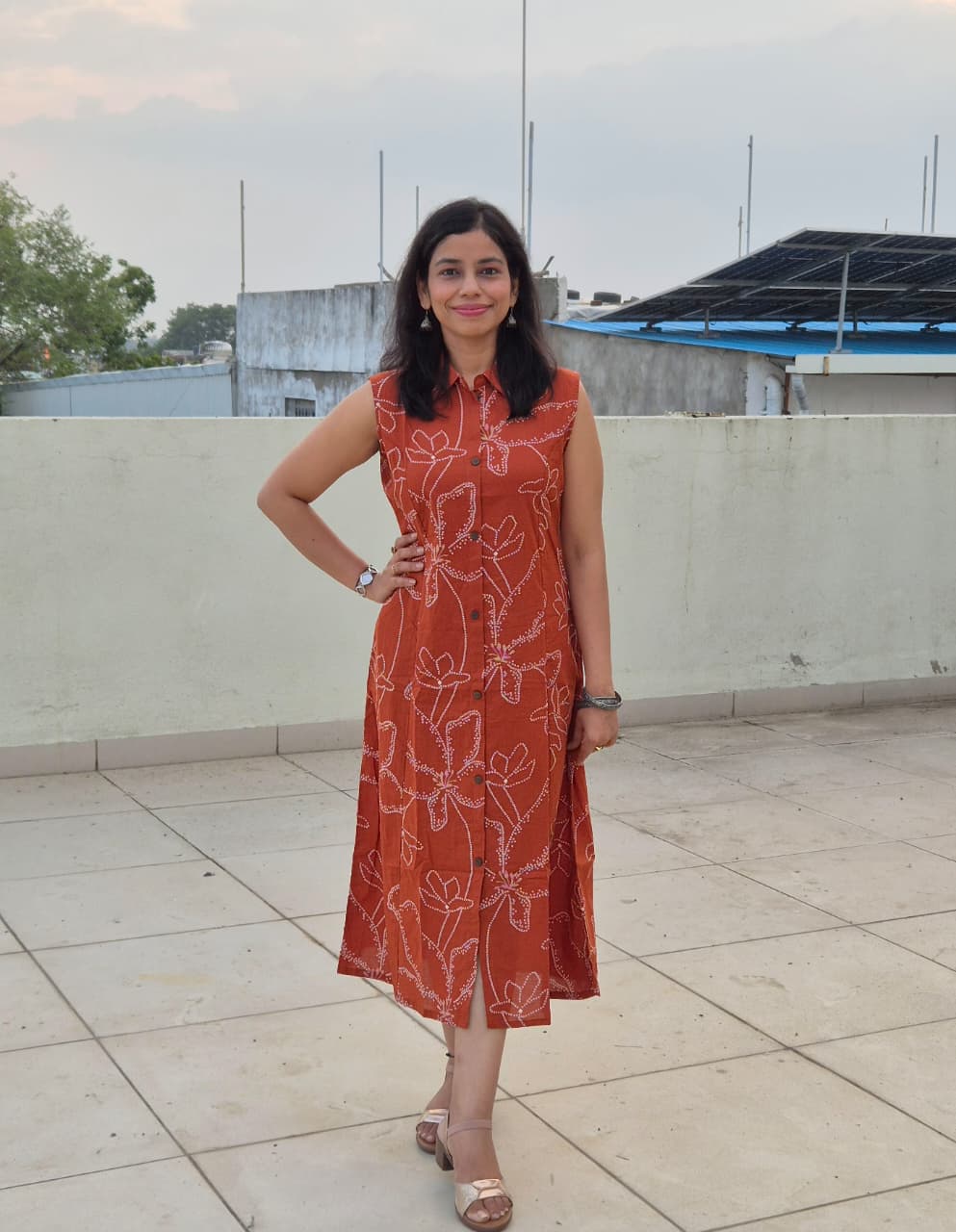Shibani Cotton Bandhani A-Line Dress in Orange with Elasticated Waist & Pocket
