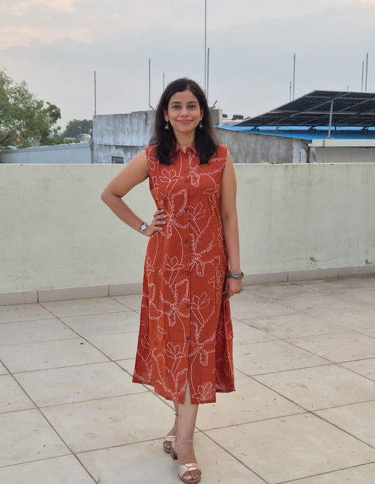 Shibani Cotton Bandhani A-Line Dress in Orange with Elasticated Waist & Pocket