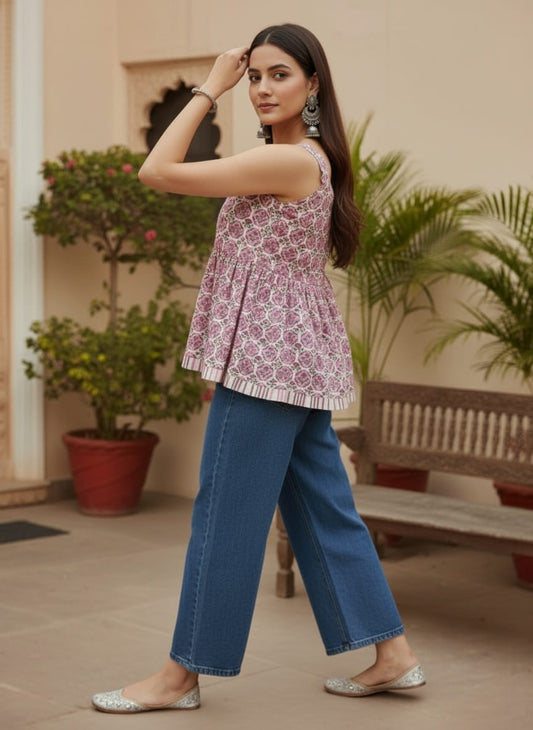 Shibani Cotton Short Kurti – Pink Block Print Sleeveless Peplum with Tie-Up Waist