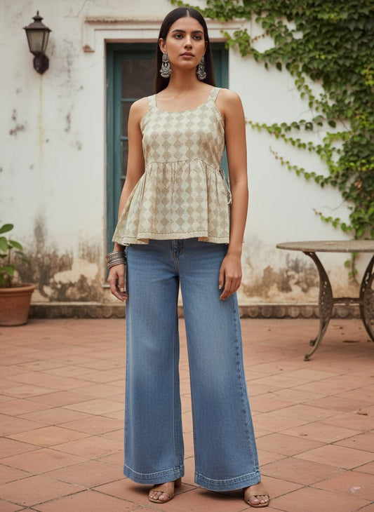 Shibani Cotton Short Kurti – Beige Block Print Sleeveless Peplum with Tie-Up Waist