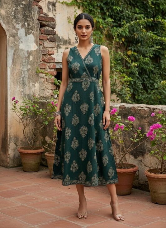 Shibani Cotton Angrakha Midi Dress – Deep Green Hand Block Print A-Line with Tie-Up Belt