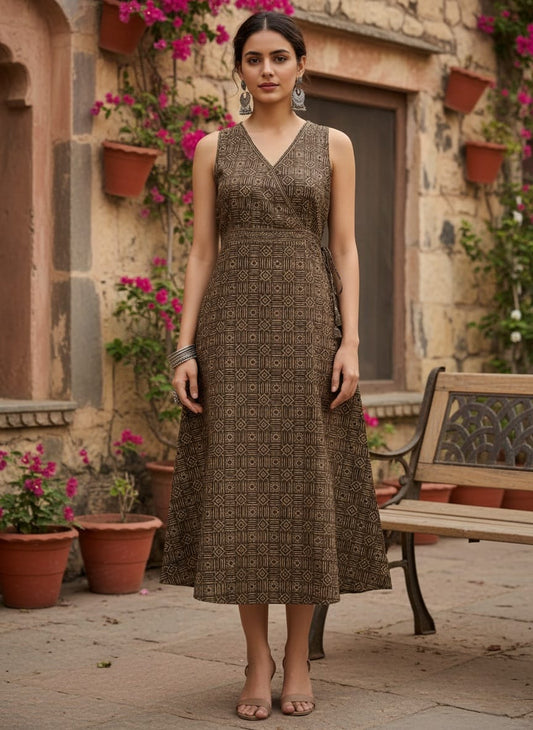 Shibani Cotton Angrakha Midi Dress – Coffee Brown Geometric Block Print with Tie-Up Waist