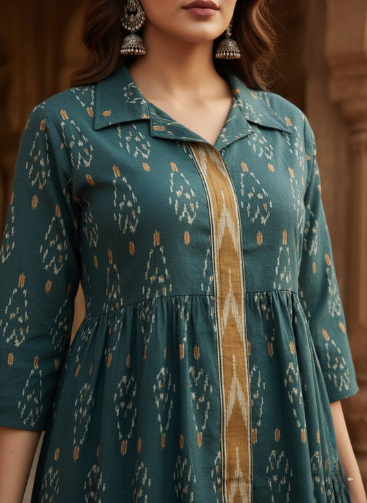 Shibani Signature Green Ikat Cotton Midi – Elegant Tiers with Contrast Detailing