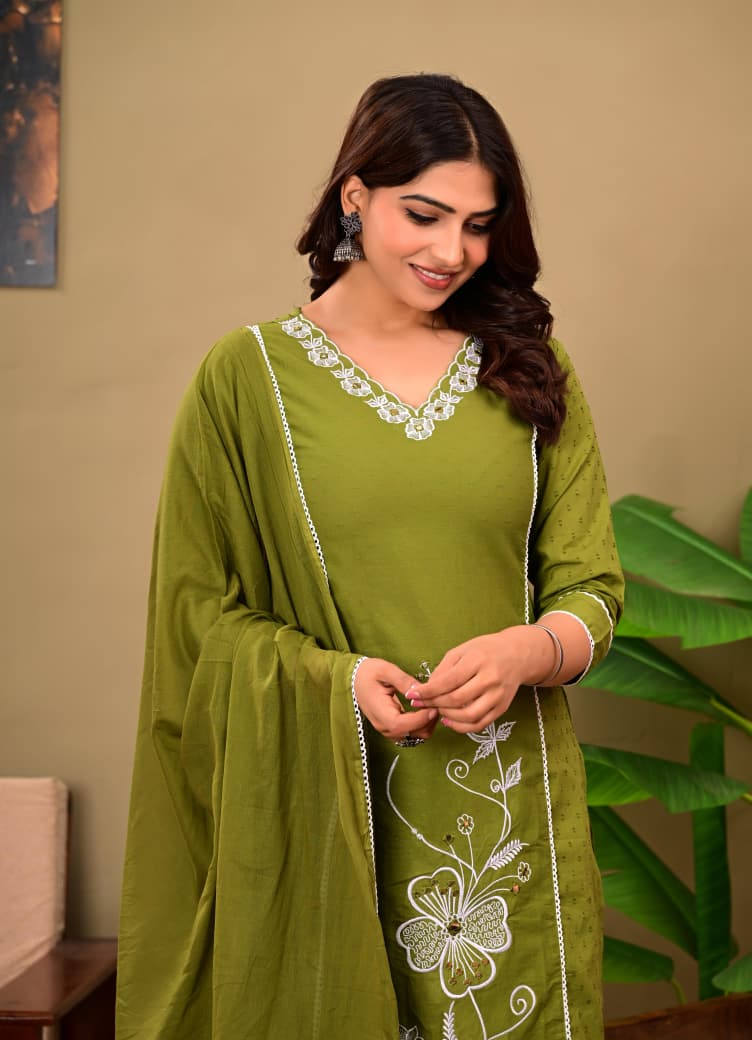 Shibani Green Cotton Embroidered Suit Set – Kurta, Pant & Dupatta