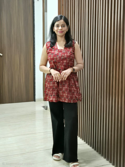 Maroon Hand Block Printed Sleeveless Peplum Top