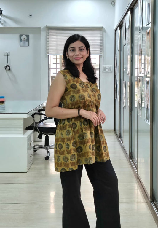 Mustard Hand Block Printed Sleeveless Peplum Top