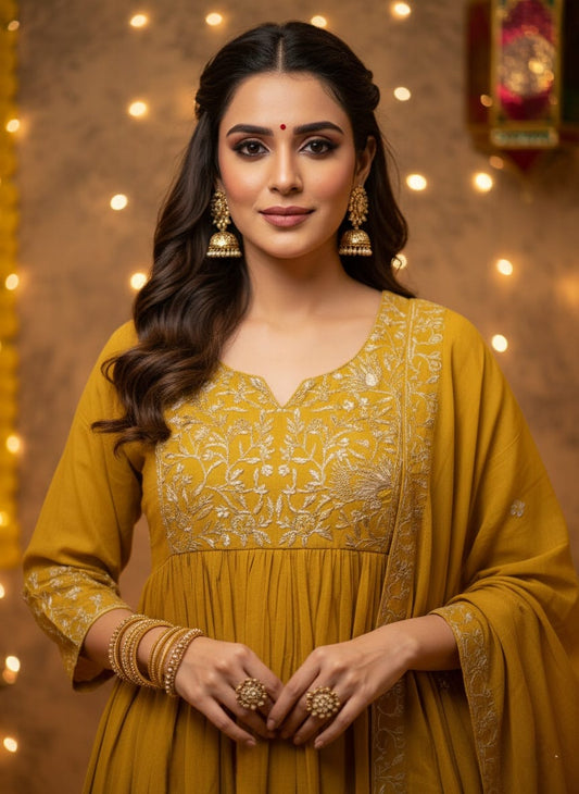 Mustard Mul Cotton Embroidered Anarkali Set