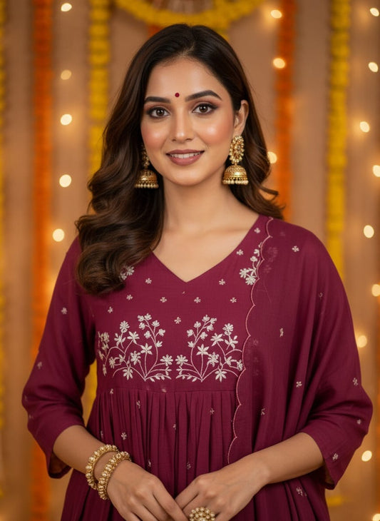 Magenta Mul Cotton Embroidered Anarkali Set