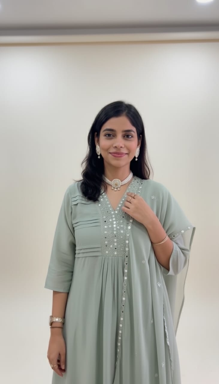 Elegant Mint Green Kurta Set with Mirror Work Detailing