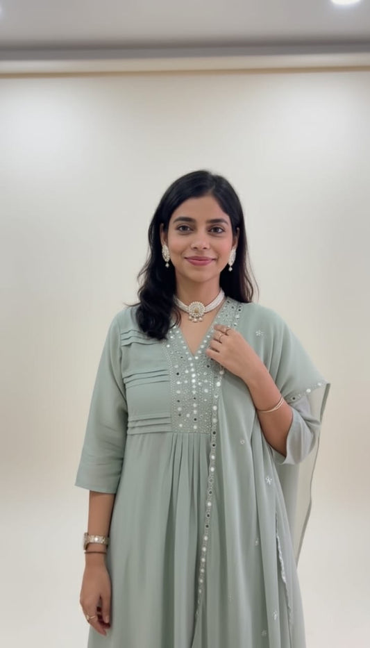 Elegant Mint Green Kurta Set with Mirror Work Detailing