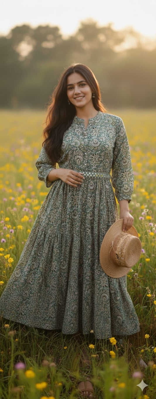 Shibani Green Cotton Gown with Foil Print & Mirror Work Belt
