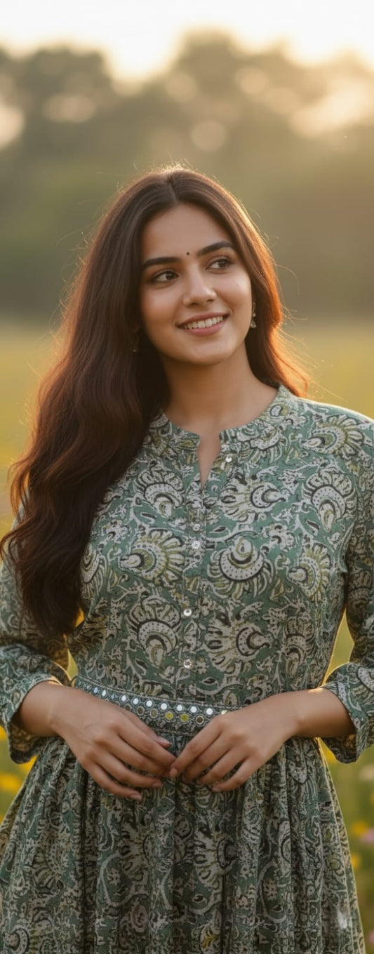 Shibani Green Cotton Gown with Foil Print & Mirror Work Belt