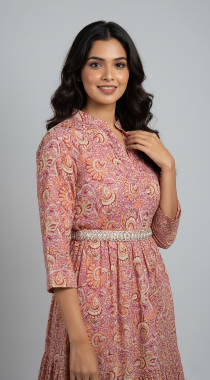 Shibani Pink Cotton Gown with Foil Print & Mirror Work Belt
