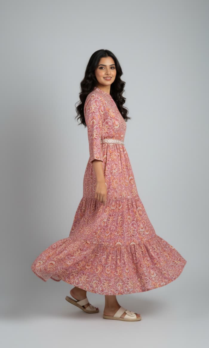 Shibani Pink Cotton Gown with Foil Print & Mirror Work Belt