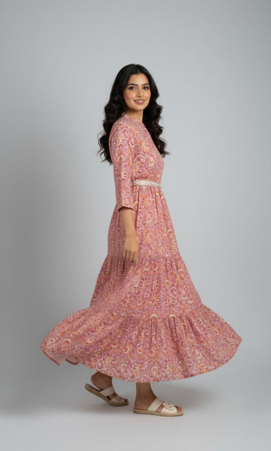 Shibani Pink Cotton Gown with Foil Print & Mirror Work Belt