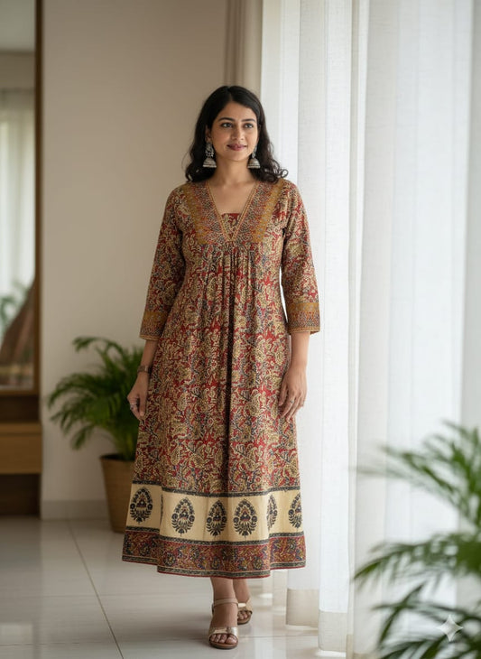 Shibani Kalamkari Cotton Kurta – V-Neck Detailing & Block-Print Hem