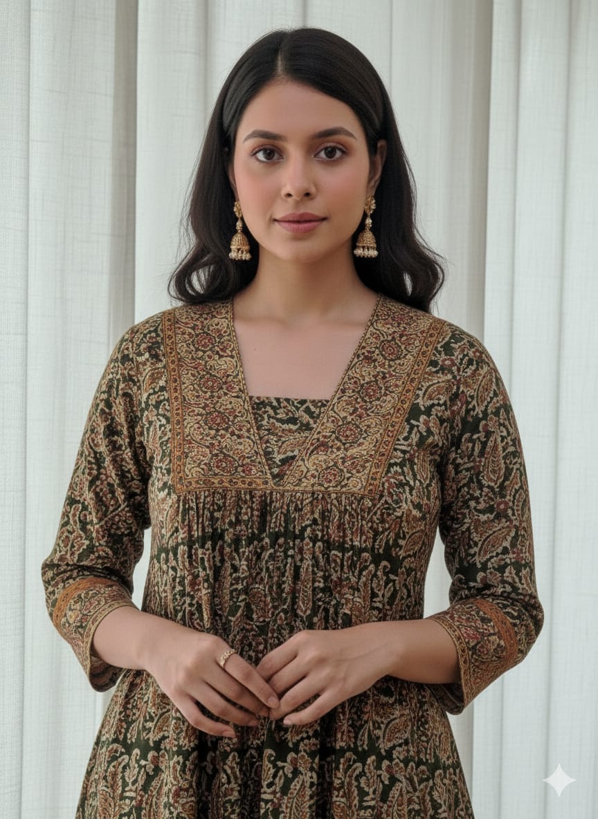 Shibani Kalamkari Cotton Kurta β Deep Olive & Rust Tones | V-Neck & Block-Print Hem