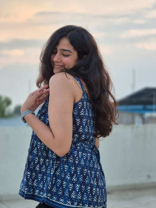 Shibani Indigo Blue Cotton Block-Print Peplum Short Kurti