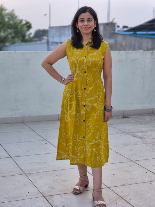 Shibani Cotton Bandhani A-Line Dress with Elasticated Waist & Pocket