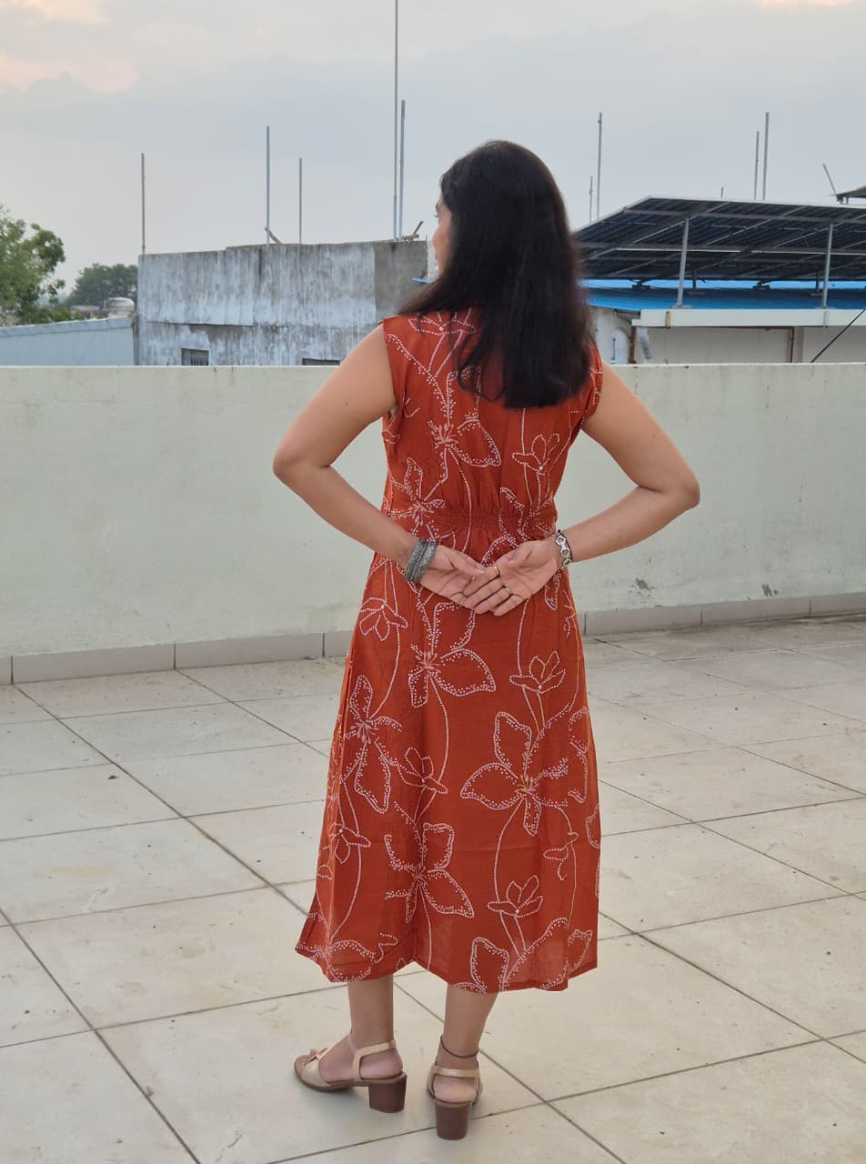 Shibani Cotton Bandhani A-Line Dress in Orange with Elasticated Waist & Pocket