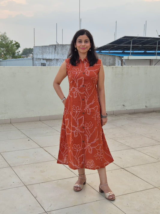 Shibani Cotton Bandhani A-Line Dress in Orange with Elasticated Waist & Pocket