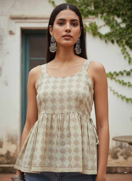 Shibani Cotton Short Kurti – Beige Block Print Sleeveless Peplum with Tie-Up Waist