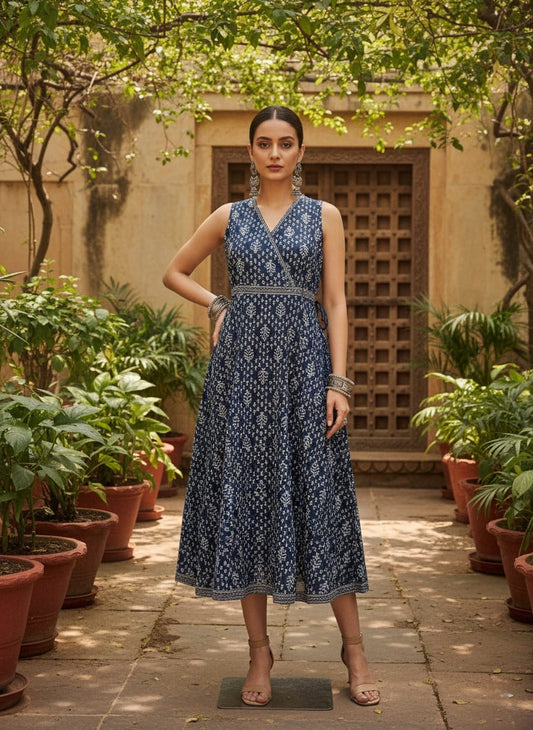 Shibani Cotton Angrakha Midi Dress – Indigo Blue Block Print A-Line with Tie-Up Belt