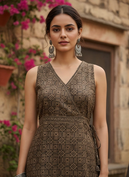Shibani Cotton Angrakha Midi Dress – Coffee Brown Geometric Block Print with Tie-Up Waist