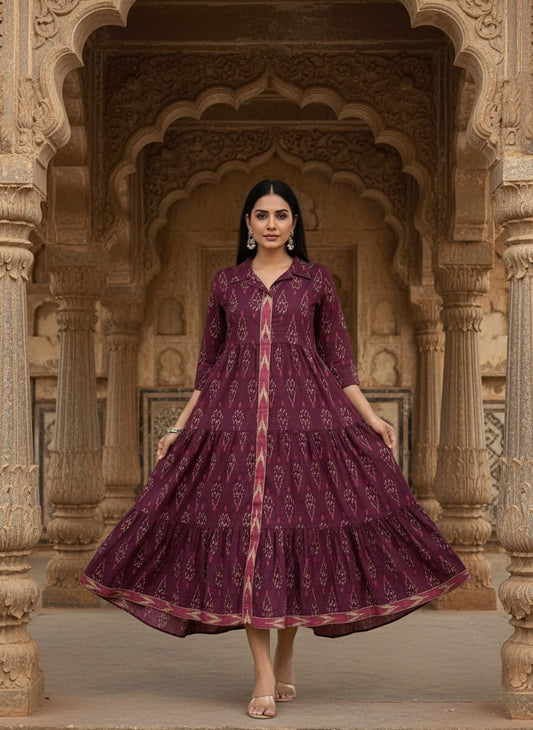 Shibani Cotton Ikat Tiered Midi Dress – Collared Neck & Side Pocket