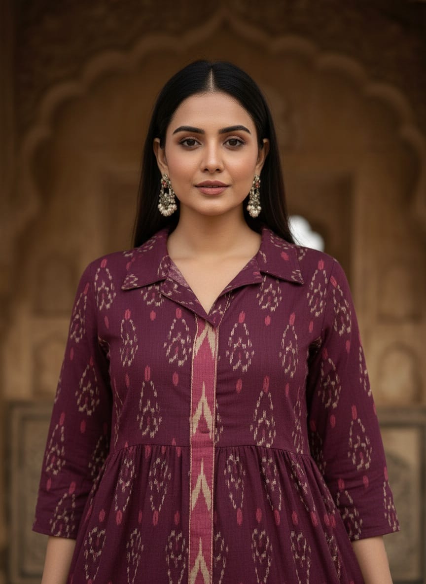 Shibani Cotton Ikat Tiered Midi Dress – Collared Neck & Side Pocket