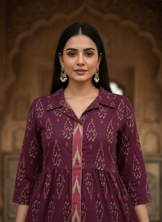 Shibani Cotton Ikat Tiered Midi Dress – Collared Neck & Side Pocket