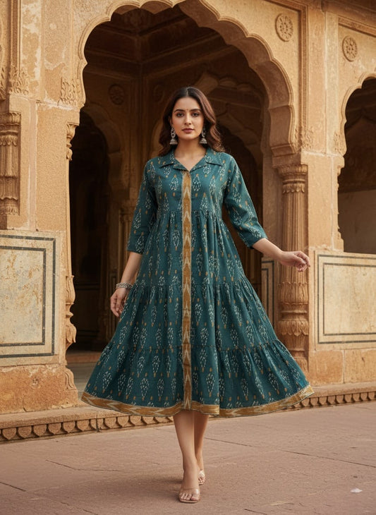 Shibani Signature Green Ikat Cotton Midi – Elegant Tiers with Contrast Detailing