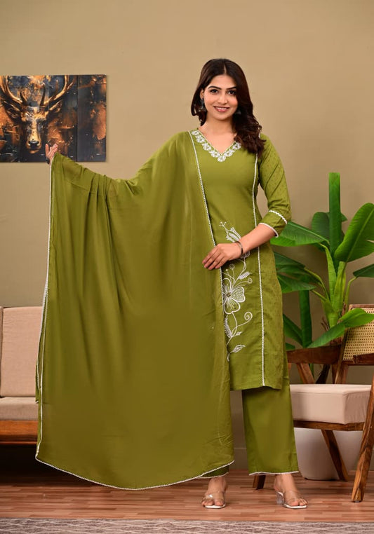 Shibani Green Cotton Embroidered Suit Set – Kurta, Pant & Dupatta