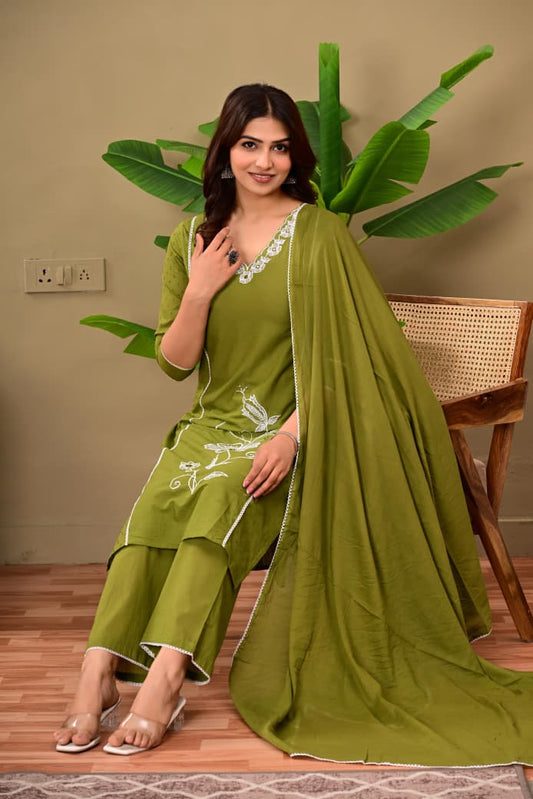 Shibani Green Cotton Embroidered Suit Set – Kurta, Pant & Dupatta