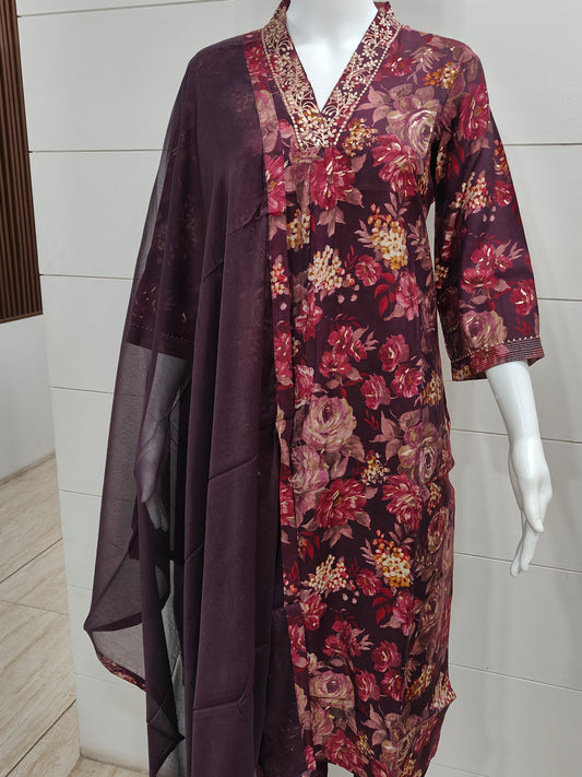 Wine Floral Print Muslin Suit Set with Pure Chiffon Dupatta