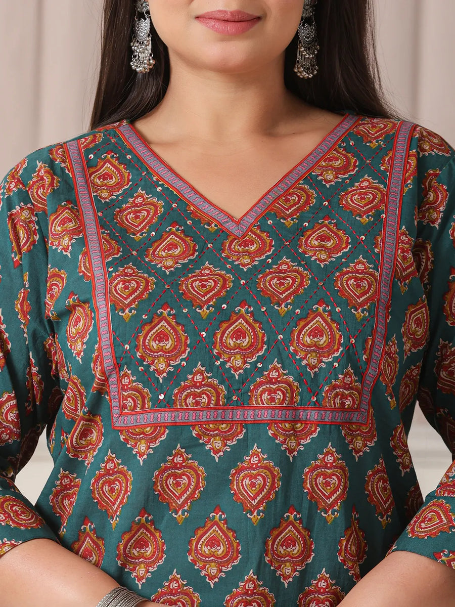 Teal Green Cotton Plus Size Suit Set