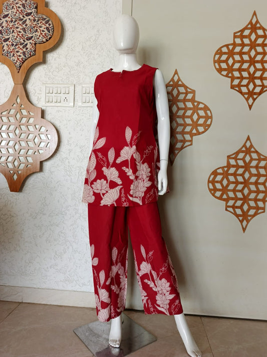 Red Sleeveless Pure Cotton Co-ord Set