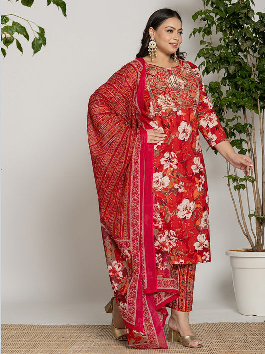 Red Floral Print with Yoke Embroidery Cotton Suit Set
