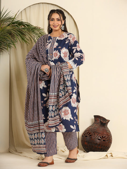 Floral Print Blue Cotton Suit Set