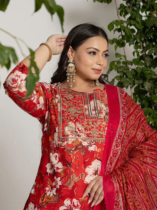 Red Floral Print with Yoke Embroidery Cotton Suit Set