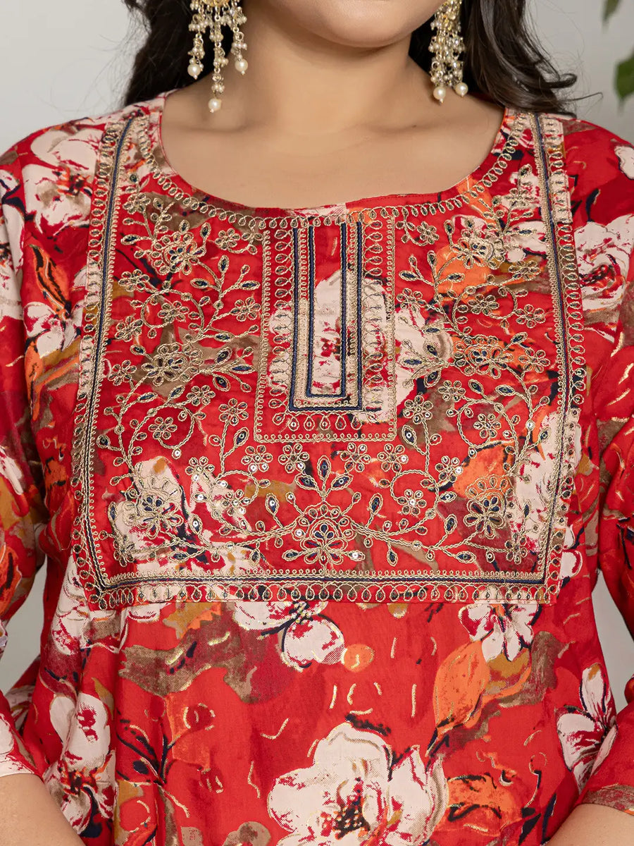 Red Floral Print with Yoke Embroidery Cotton Suit Set