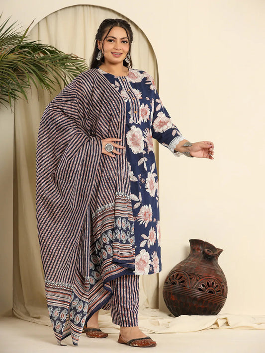Floral Print Blue Cotton Suit Set