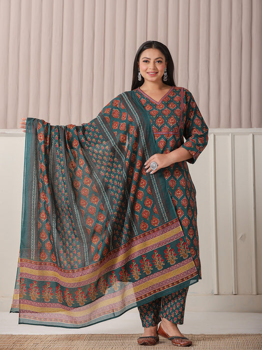 Teal Green Cotton Plus Size Suit Set