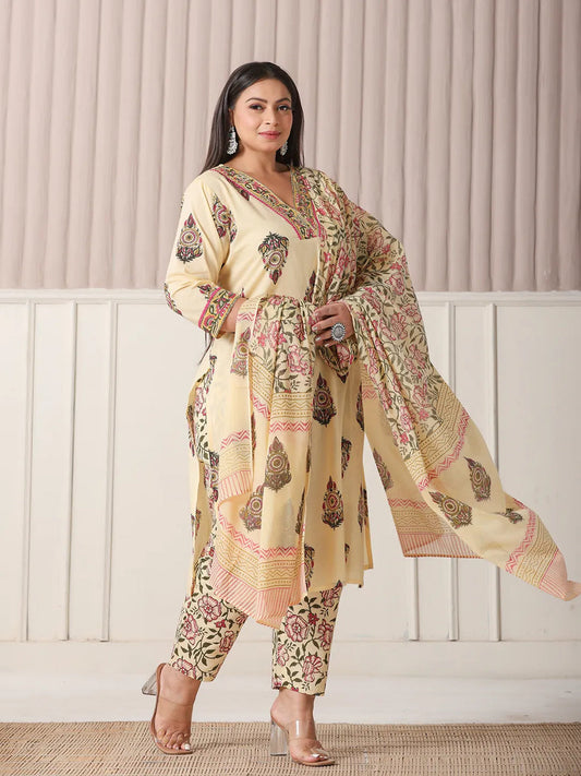 Cream Ethnic Print Cotton Suit Set