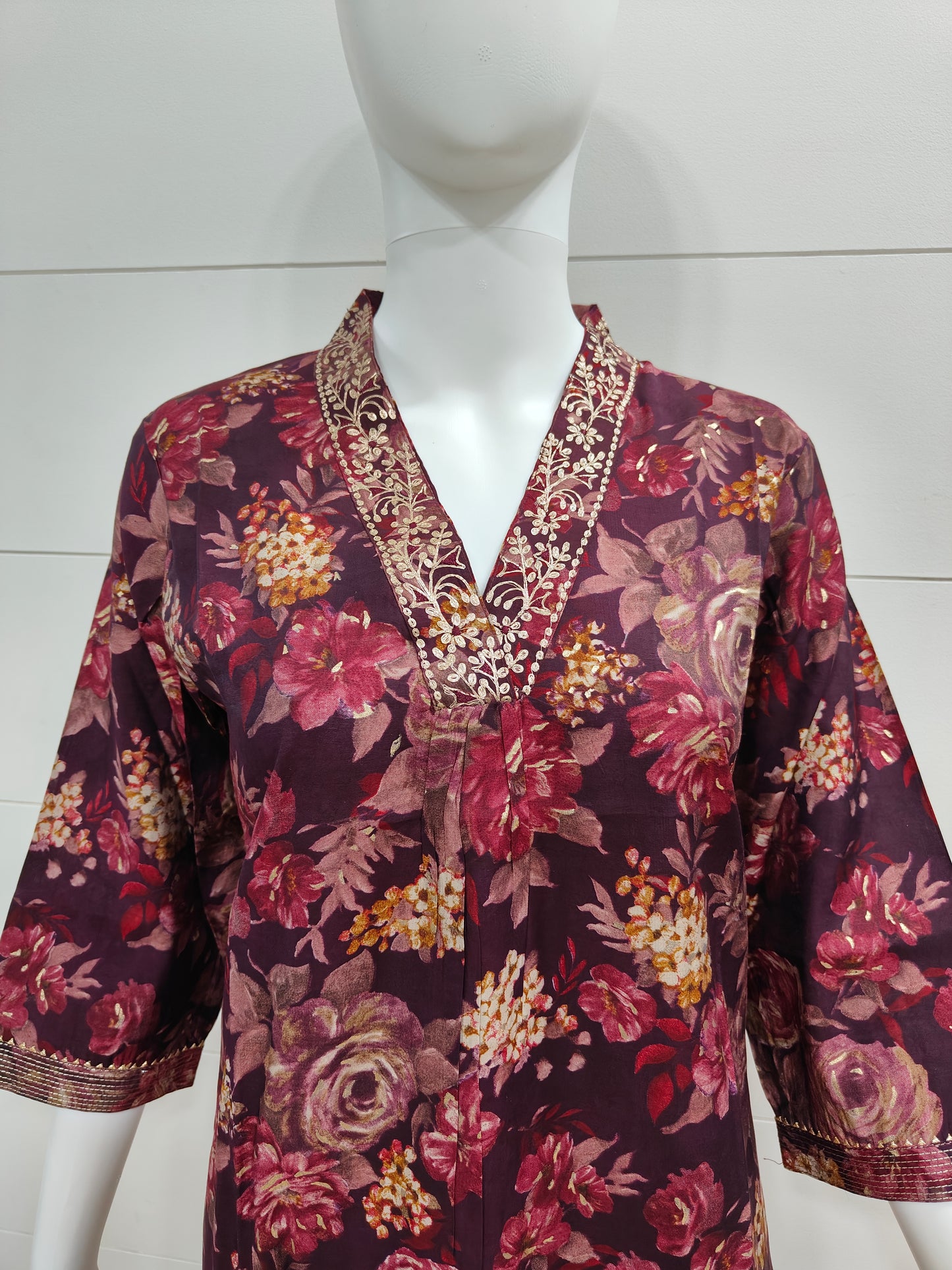 Wine Floral Print Muslin Suit Set with Pure Chiffon Dupatta