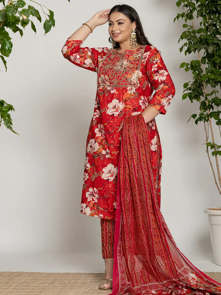 Red Floral Print with Yoke Embroidery Cotton Suit Set
