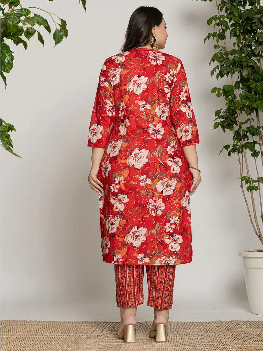 Red Floral Print with Yoke Embroidery Cotton Suit Set