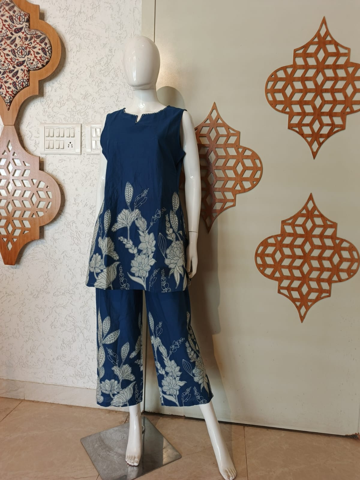 Blue Sleeveless Pure Cotton Coord Set